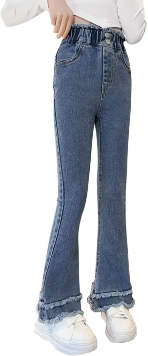 Girls Spring and Autumn Baggy Mop Wide Leg Pants Mid Rise Elastic Band with Pockets Slim Jeans Straight Leg Trousers