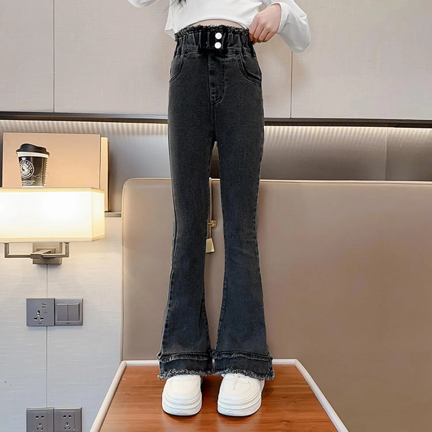 Girls Spring and Autumn Baggy Mop Wide Leg Pants Mid Rise Elastic Band with Pockets Slim Jeans Straight Leg Trousers