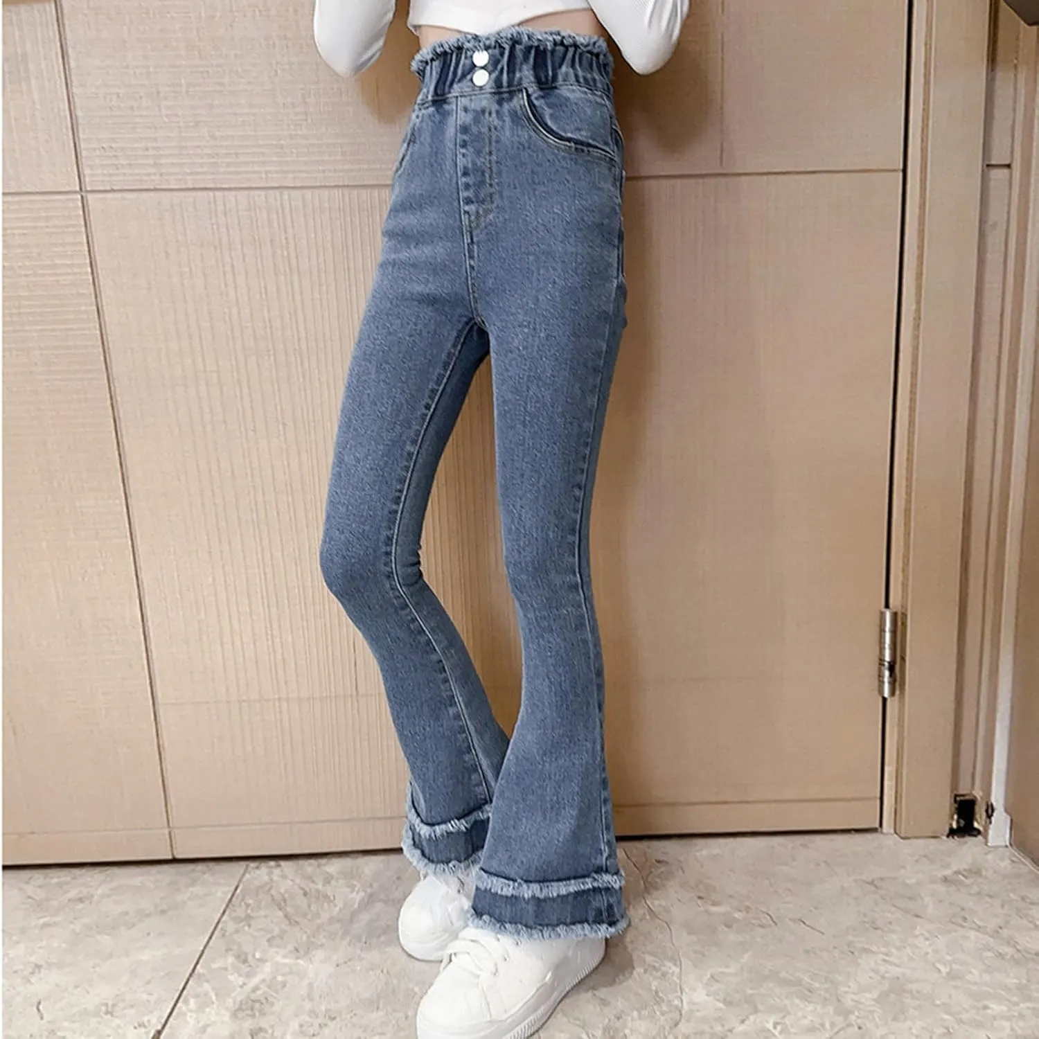 Girls Spring and Autumn Baggy Mop Wide Leg Pants Mid Rise Elastic Band with Pockets Slim Jeans Straight Leg Trousers