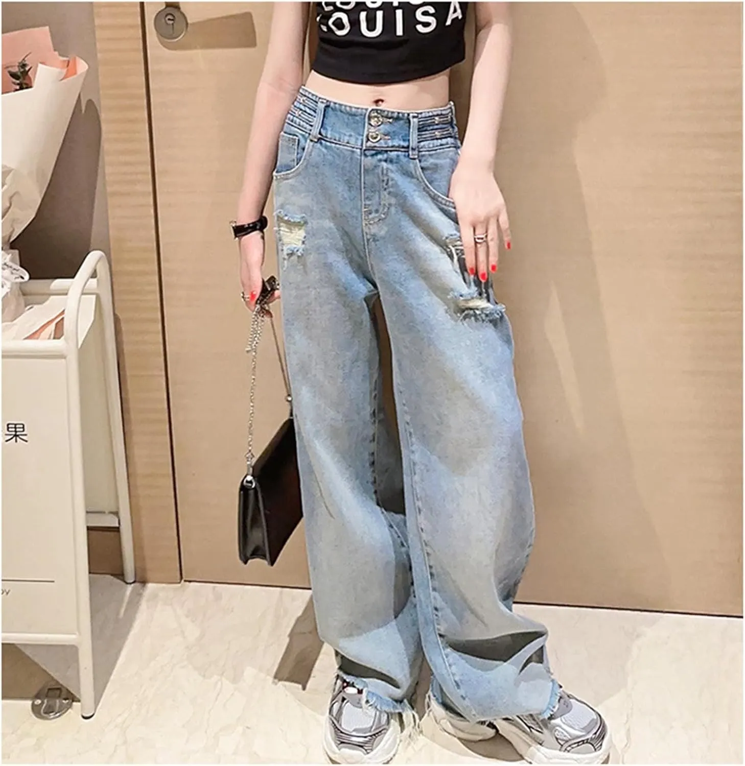 Girls Spring and Autumn Baggy Mop Wide Leg Pants Mid Rise Elastic Band with Pockets Slim Jeans Straight Leg Trousers