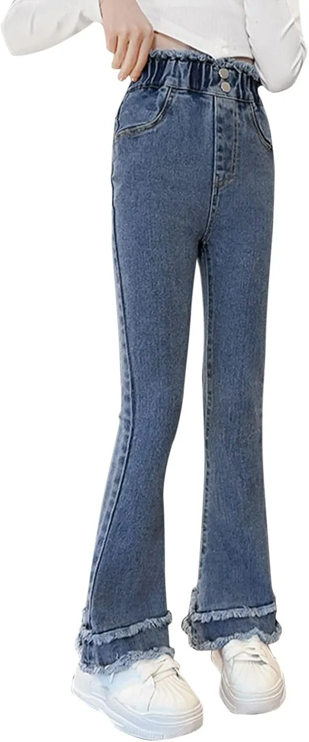 Girls Spring and Autumn Baggy Mop Wide Leg Pants Mid Rise Elastic Band with Pockets Slim Jeans Straight Leg Trousers