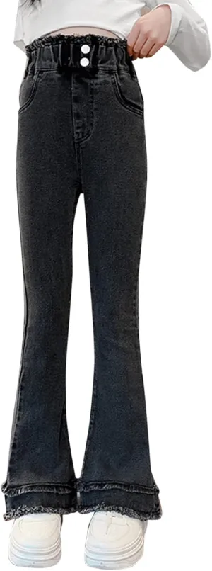 Girls Spring and Autumn Baggy Mop Wide Leg Pants Mid Rise Elastic Band with Pockets Slim Jeans Straight Leg Trousers