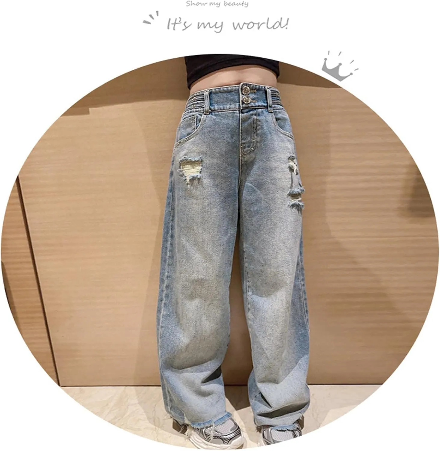 Girls Spring and Autumn Baggy Mop Wide Leg Pants Mid Rise Elastic Band with Pockets Slim Jeans Straight Leg Trousers