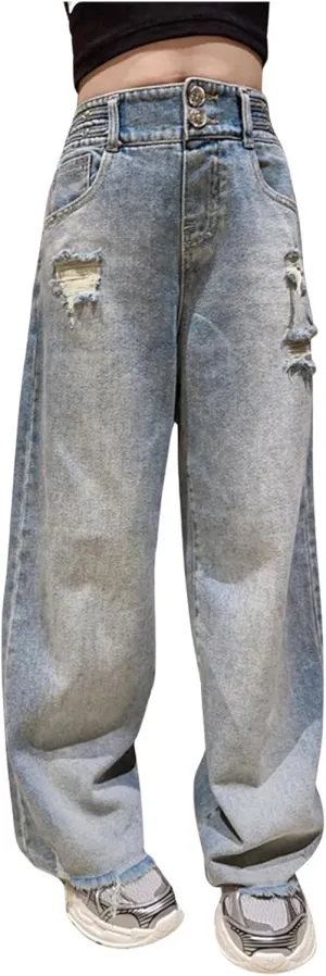 Girls Spring and Autumn Baggy Mop Wide Leg Pants Mid Rise Elastic Band with Pockets Slim Jeans Straight Leg Trousers