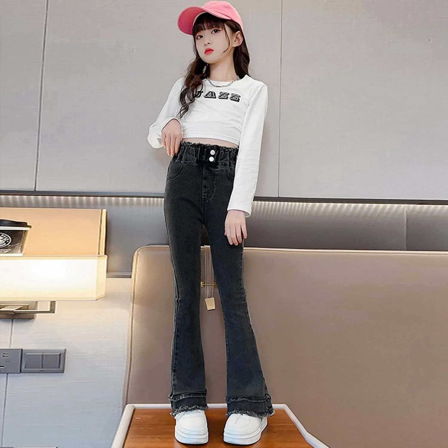 Girls Spring and Autumn Baggy Mop Wide Leg Pants Mid Rise Elastic Band with Pockets Slim Jeans Straight Leg Trousers