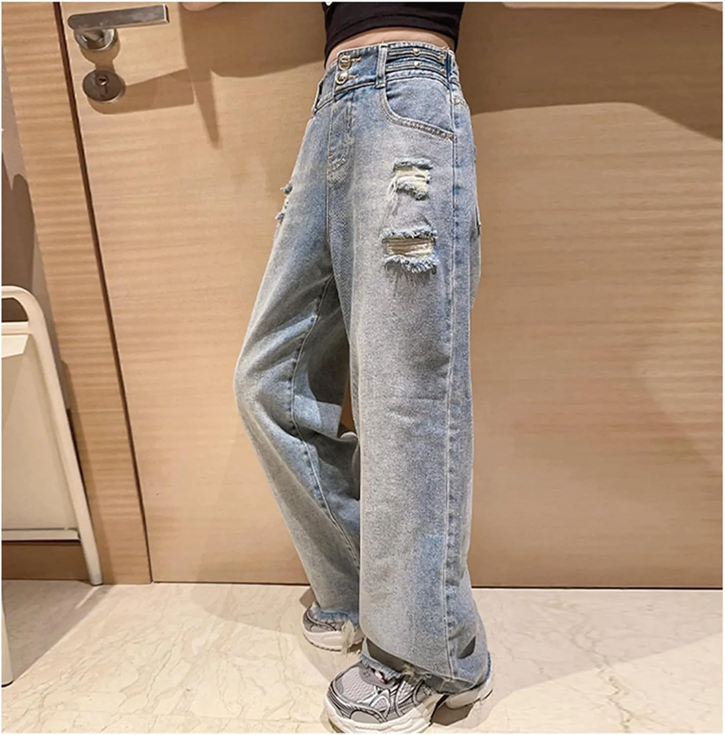 Girls Spring and Autumn Baggy Mop Wide Leg Pants Mid Rise Elastic Band with Pockets Slim Jeans Straight Leg Trousers