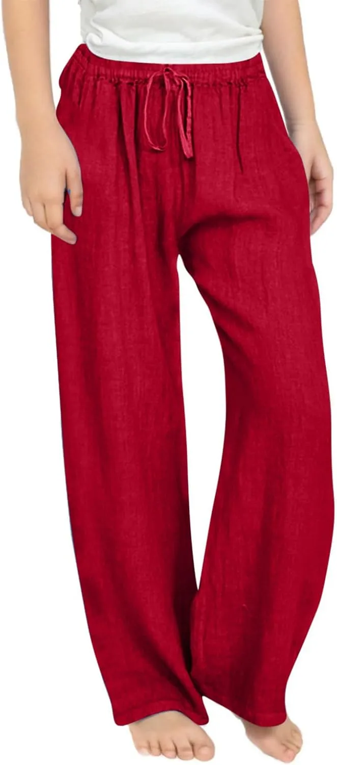 Girls Wide Leg Pants Dressy Casual Linen Trousers Flowy Beach Pants Loose Fit Drawstring Pants Summer High Waist Pant