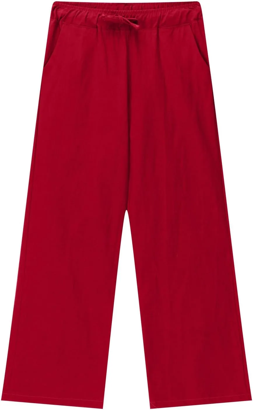 Girls Wide Leg Pants Dressy Casual Linen Trousers Flowy Beach Pants Loose Fit Drawstring Pants Summer High Waist Pant
