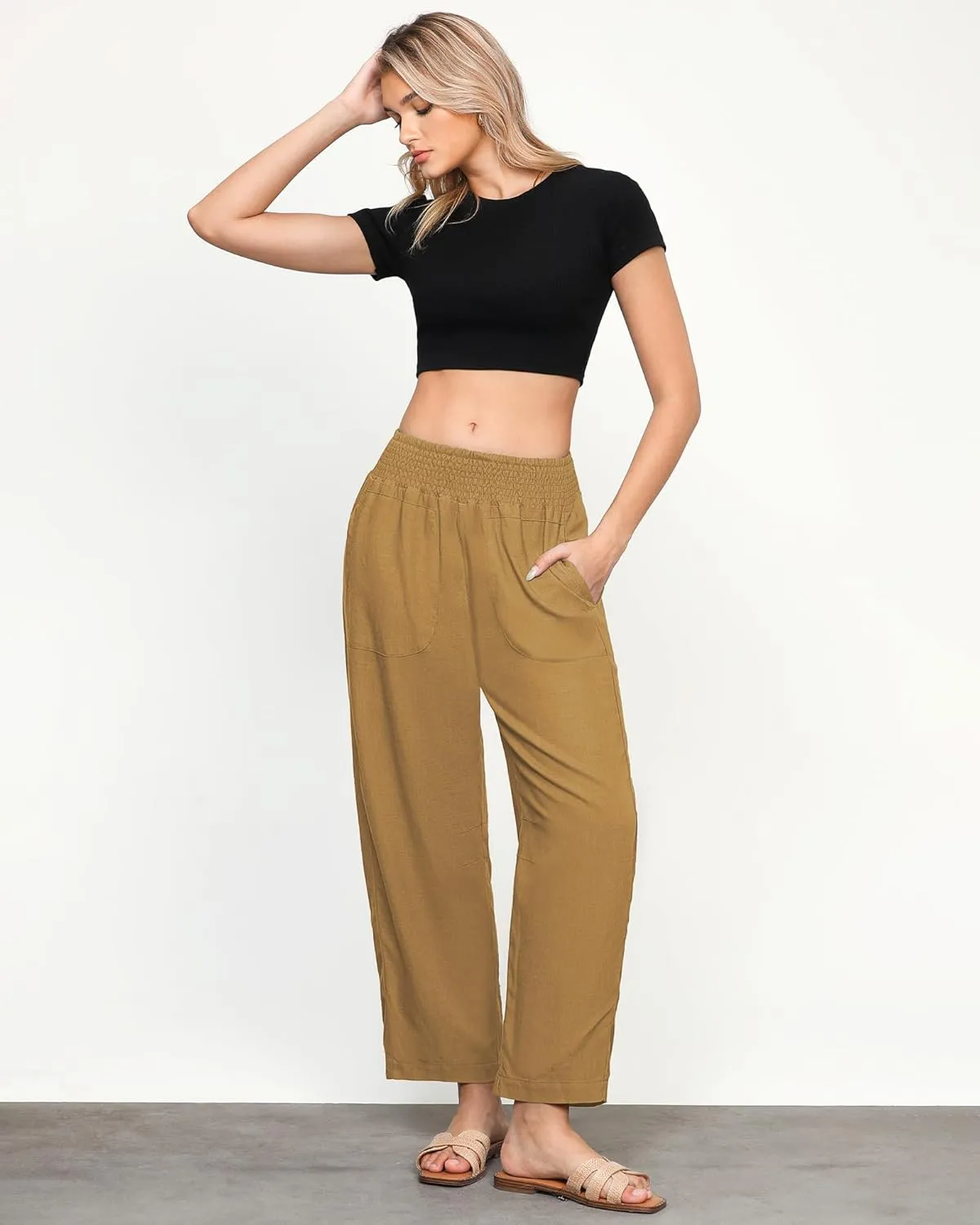 GRAPENT Linen Pants Women Wide Leg High Waisted Cropped Barrel Pull On Smocked Elastic Waist Summer Pants with Pockets