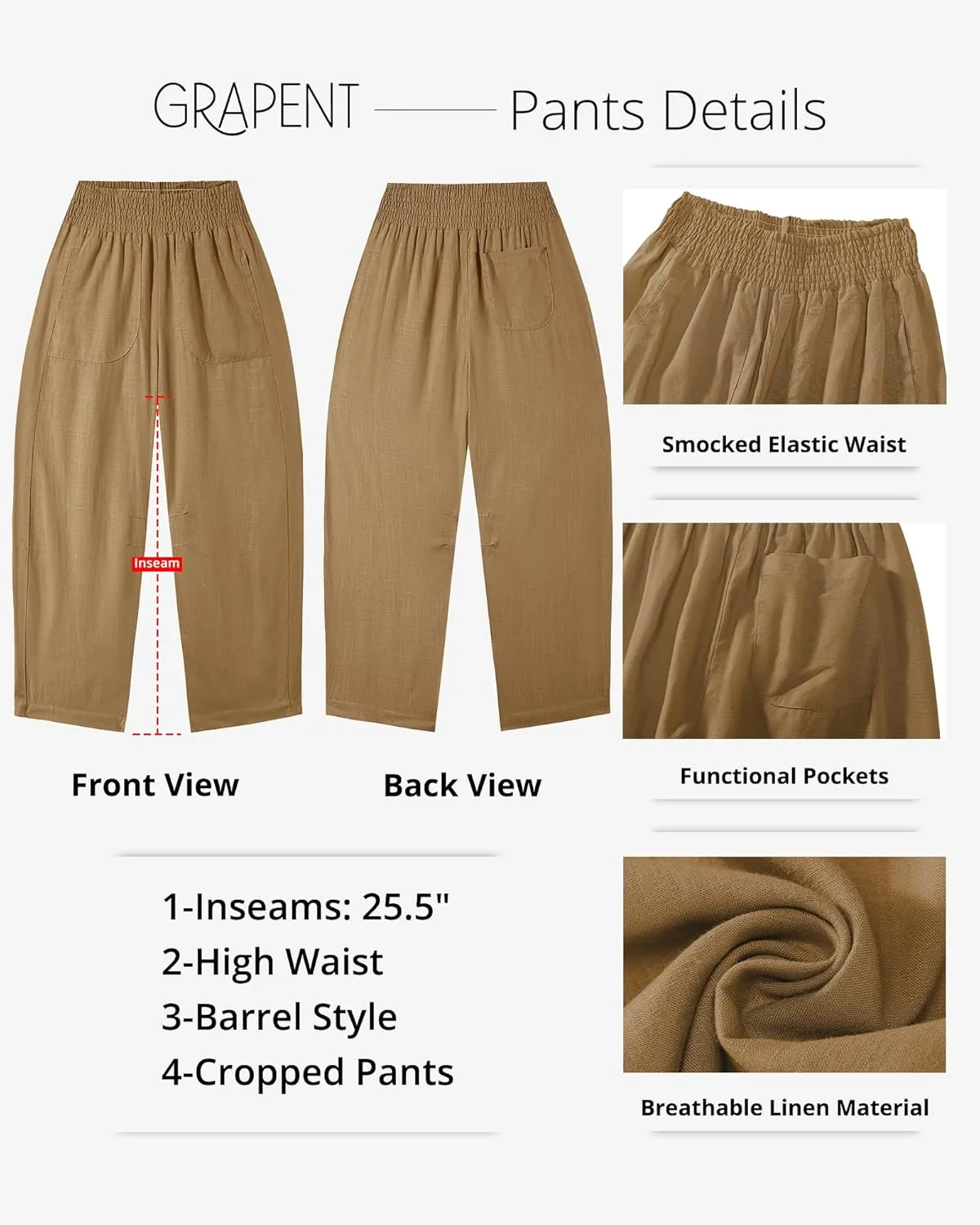 GRAPENT Linen Pants Women Wide Leg High Waisted Cropped Barrel Pull On Smocked Elastic Waist Summer Pants with Pockets
