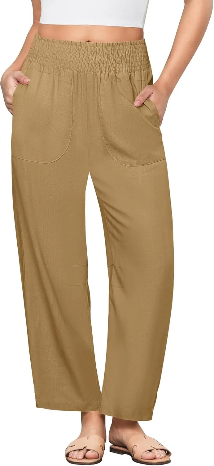 GRAPENT Linen Pants Women Wide Leg High Waisted Cropped Barrel Pull On Smocked Elastic Waist Summer Pants with Pockets