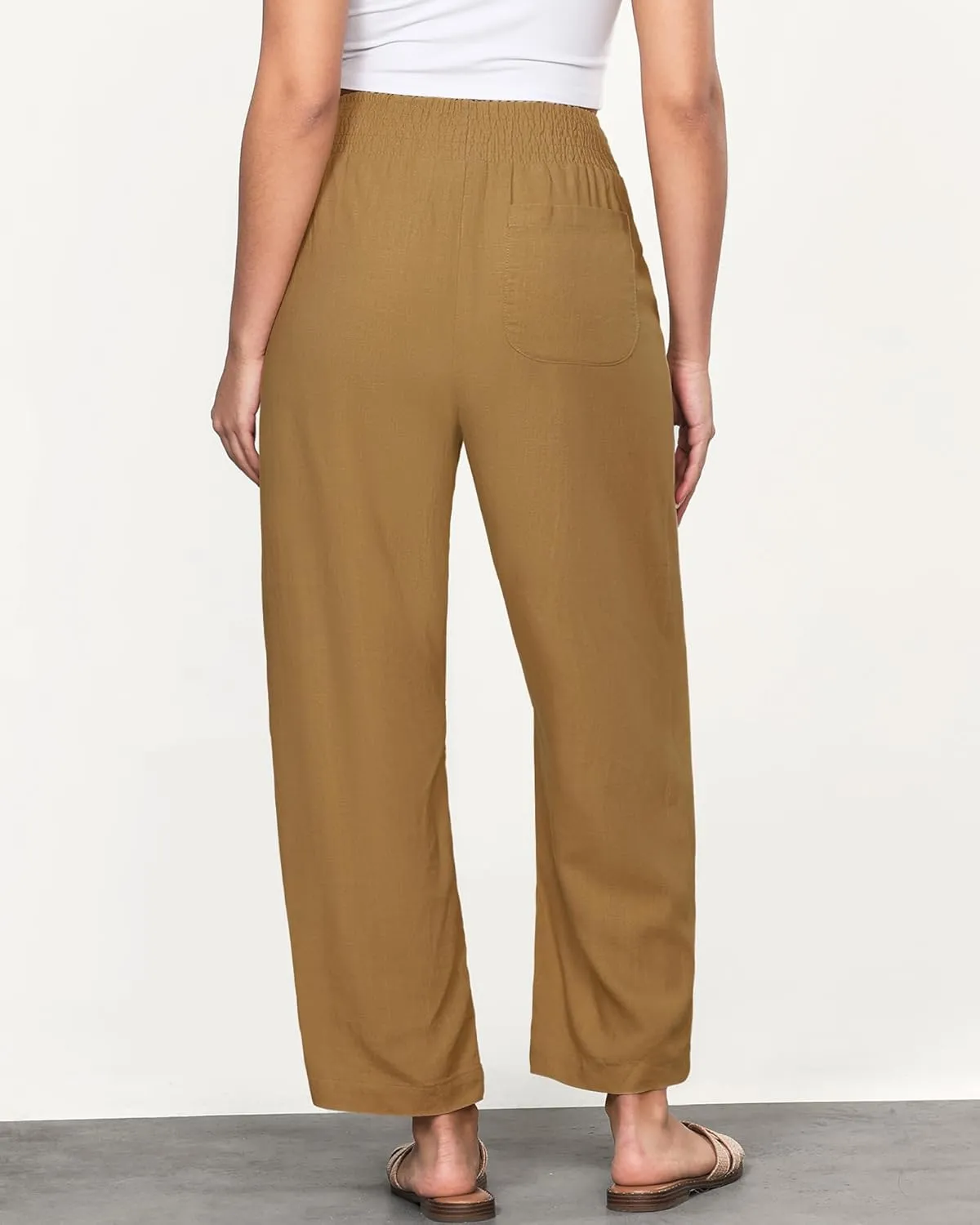 GRAPENT Linen Pants Women Wide Leg High Waisted Cropped Barrel Pull On Smocked Elastic Waist Summer Pants with Pockets