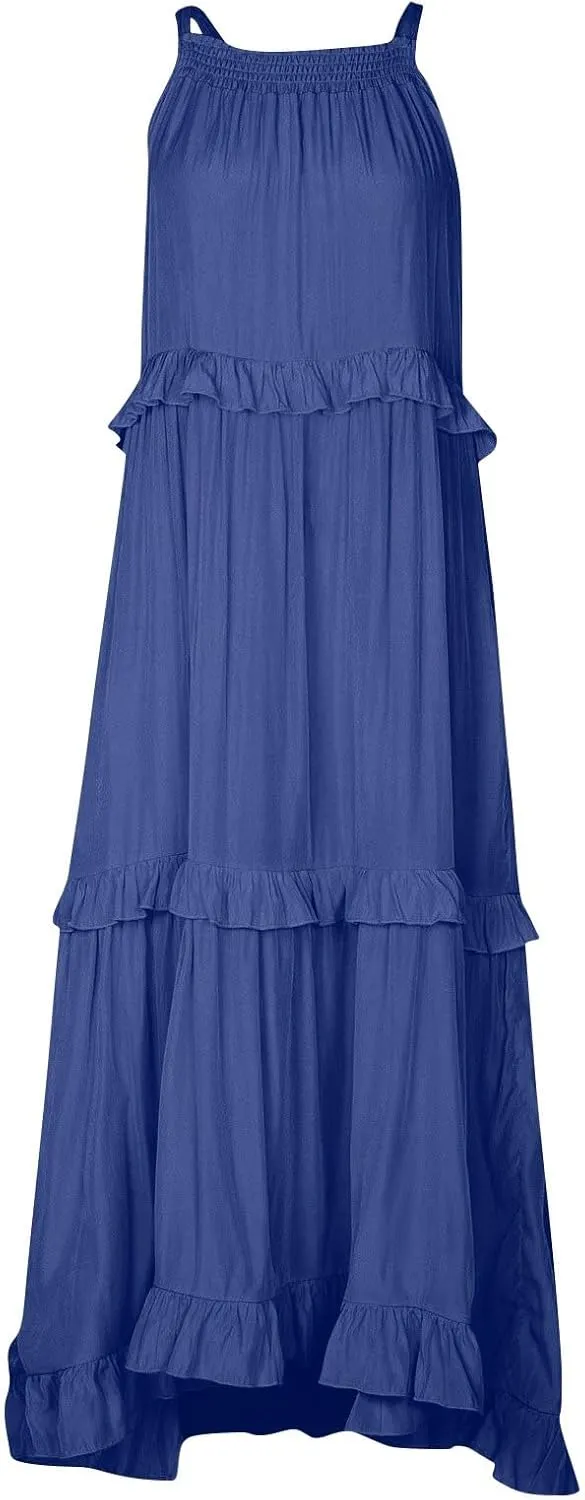 Halter Maxi Dresses for Women 2025 Trendy Smocked Tiered Ruffle Flowy Long Dress Bohemian Elegant Swing Tank Dresses