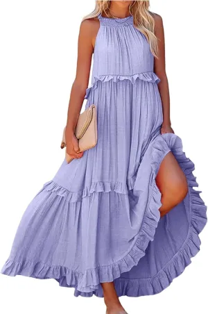 Halter Maxi Dresses for Women 2025 Trendy Smocked Tiered Ruffle Flowy Long Dress Bohemian Elegant Swing Tank Dresses