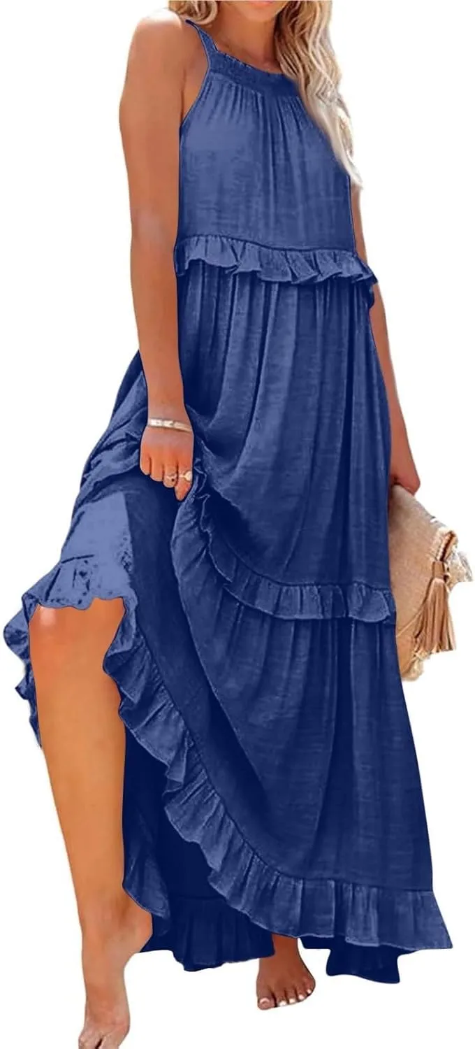 Halter Maxi Dresses for Women 2025 Trendy Smocked Tiered Ruffle Flowy Long Dress Bohemian Elegant Swing Tank Dresses