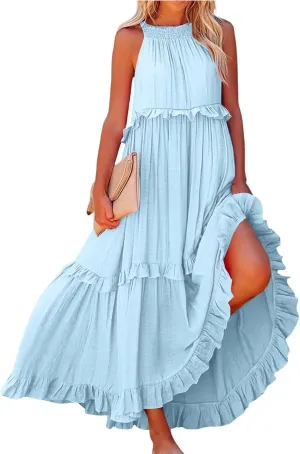 Halter Maxi Dresses for Women 2025 Trendy Smocked Tiered Ruffle Flowy Long Dress Bohemian Elegant Swing Tank Dresses