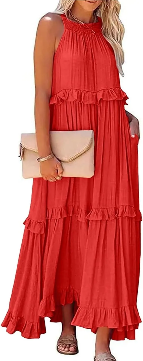 Halter Maxi Dresses for Women 2025 Trendy Smocked Tiered Ruffle Flowy Long Dress Bohemian Elegant Swing Tank Dresses