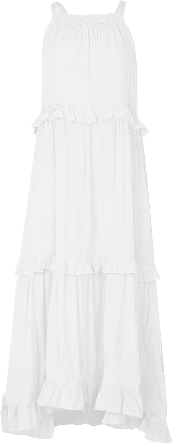 Halter Maxi Dresses for Women 2025 Trendy Smocked Tiered Ruffle Flowy Long Dress Bohemian Elegant Swing Tank Dresses