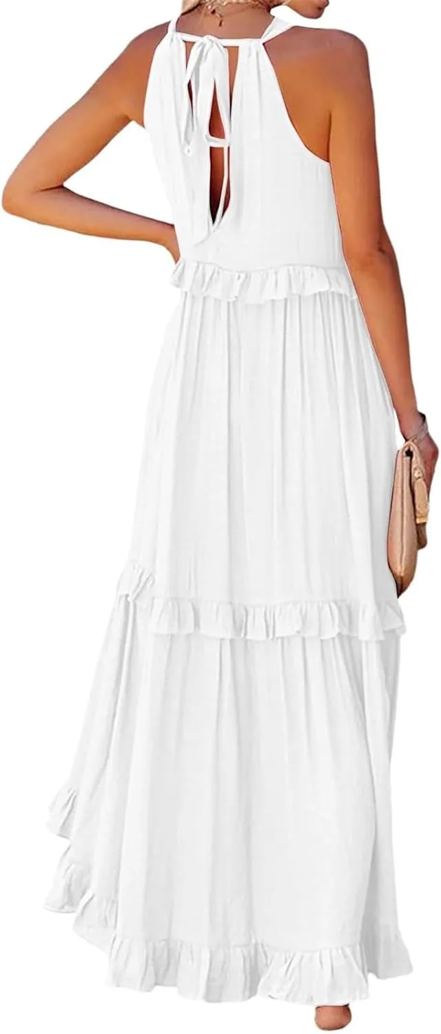 Halter Maxi Dresses for Women 2025 Trendy Smocked Tiered Ruffle Flowy Long Dress Bohemian Elegant Swing Tank Dresses