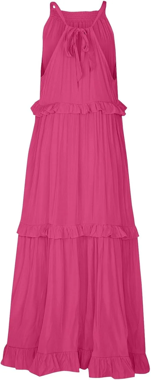 Halter Maxi Dresses for Women 2025 Trendy Smocked Tiered Ruffle Flowy Long Dress Bohemian Elegant Swing Tank Dresses