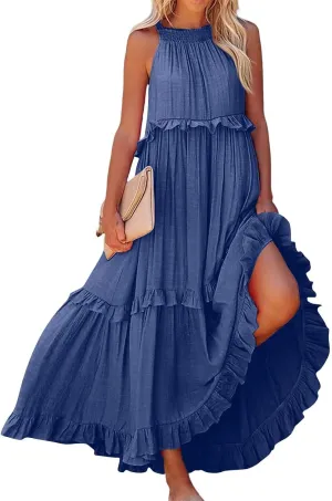 Halter Maxi Dresses for Women 2025 Trendy Smocked Tiered Ruffle Flowy Long Dress Bohemian Elegant Swing Tank Dresses
