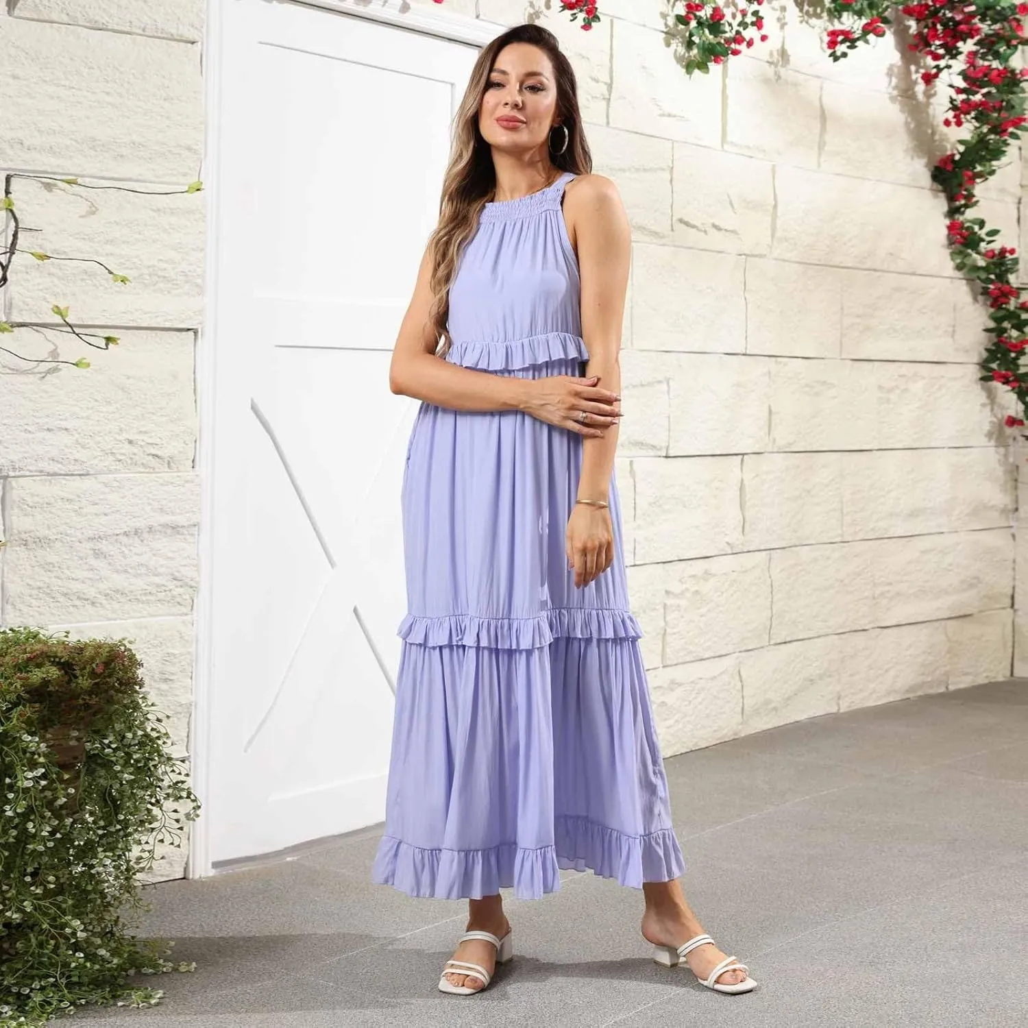 Halter Maxi Dresses for Women 2025 Trendy Smocked Tiered Ruffle Flowy Long Dress Bohemian Elegant Swing Tank Dresses