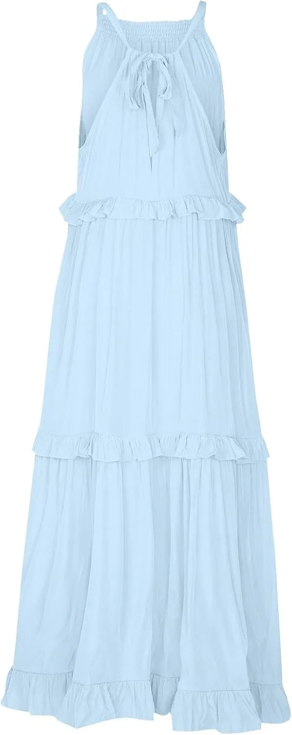 Halter Maxi Dresses for Women 2025 Trendy Smocked Tiered Ruffle Flowy Long Dress Bohemian Elegant Swing Tank Dresses