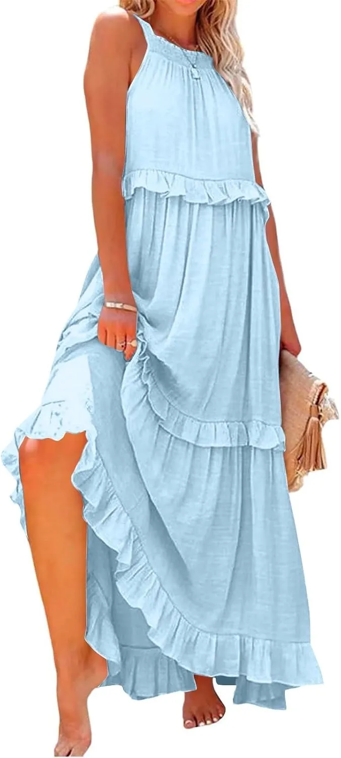 Halter Maxi Dresses for Women 2025 Trendy Smocked Tiered Ruffle Flowy Long Dress Bohemian Elegant Swing Tank Dresses