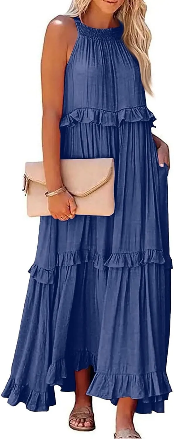 Halter Maxi Dresses for Women 2025 Trendy Smocked Tiered Ruffle Flowy Long Dress Bohemian Elegant Swing Tank Dresses