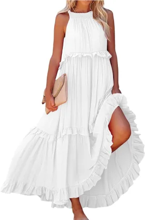 Halter Maxi Dresses for Women 2025 Trendy Smocked Tiered Ruffle Flowy Long Dress Bohemian Elegant Swing Tank Dresses