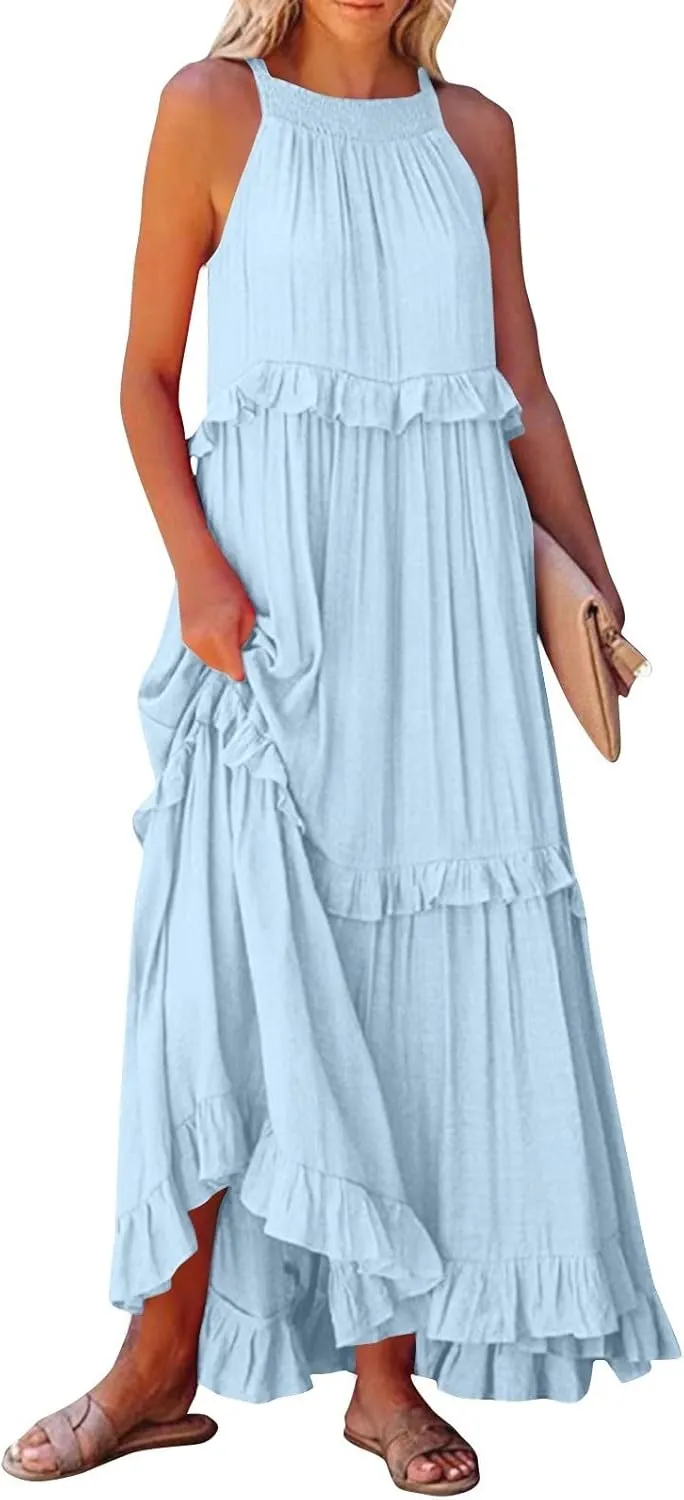 Halter Maxi Dresses for Women 2025 Trendy Smocked Tiered Ruffle Flowy Long Dress Bohemian Elegant Swing Tank Dresses