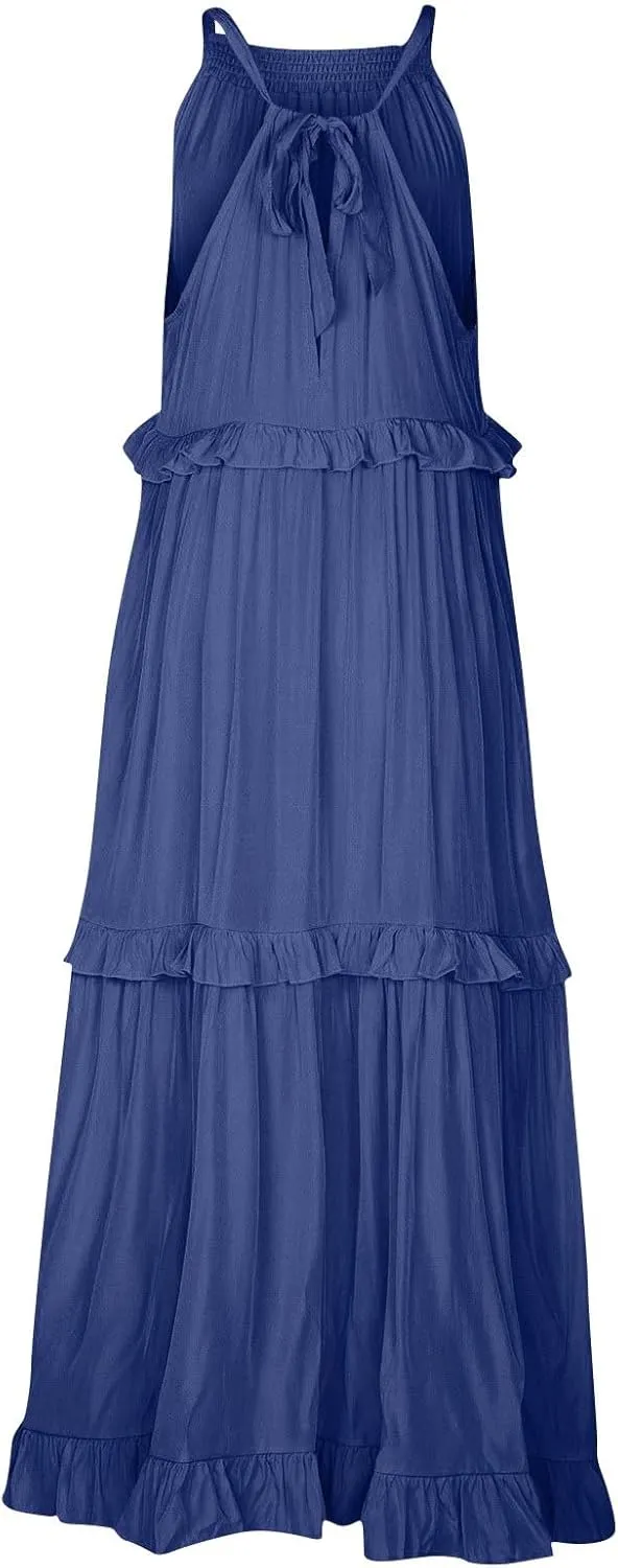 Halter Maxi Dresses for Women 2025 Trendy Smocked Tiered Ruffle Flowy Long Dress Bohemian Elegant Swing Tank Dresses