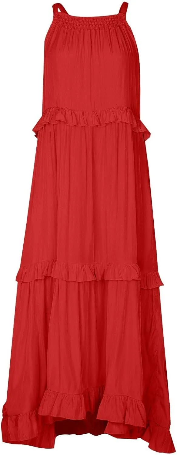 Halter Maxi Dresses for Women 2025 Trendy Smocked Tiered Ruffle Flowy Long Dress Bohemian Elegant Swing Tank Dresses