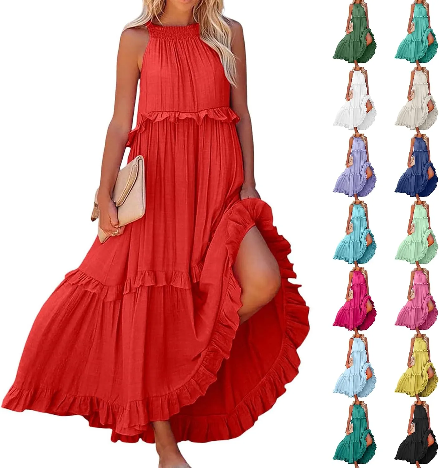 Halter Maxi Dresses for Women 2025 Trendy Smocked Tiered Ruffle Flowy Long Dress Bohemian Elegant Swing Tank Dresses