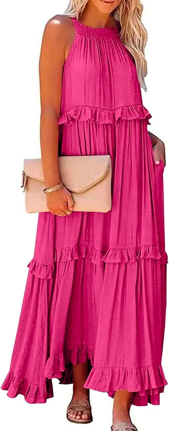 Halter Maxi Dresses for Women 2025 Trendy Smocked Tiered Ruffle Flowy Long Dress Bohemian Elegant Swing Tank Dresses