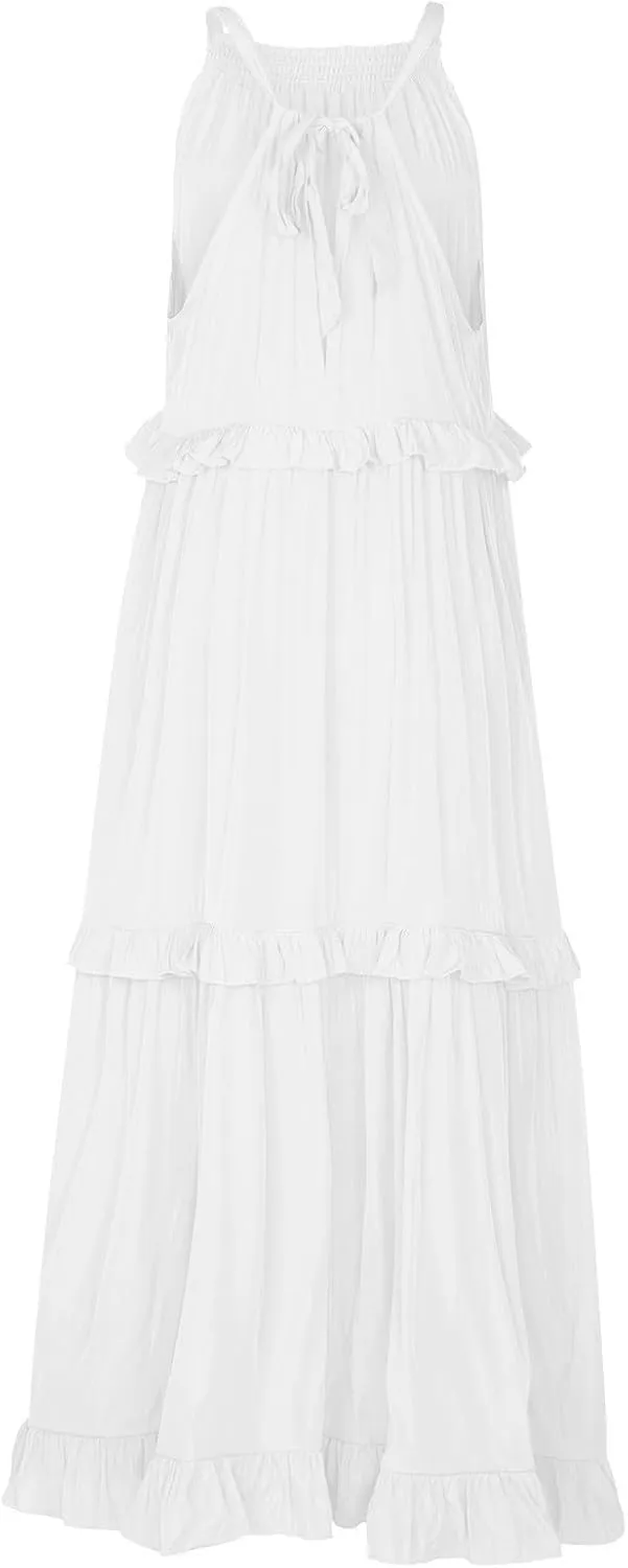 Halter Maxi Dresses for Women 2025 Trendy Smocked Tiered Ruffle Flowy Long Dress Bohemian Elegant Swing Tank Dresses