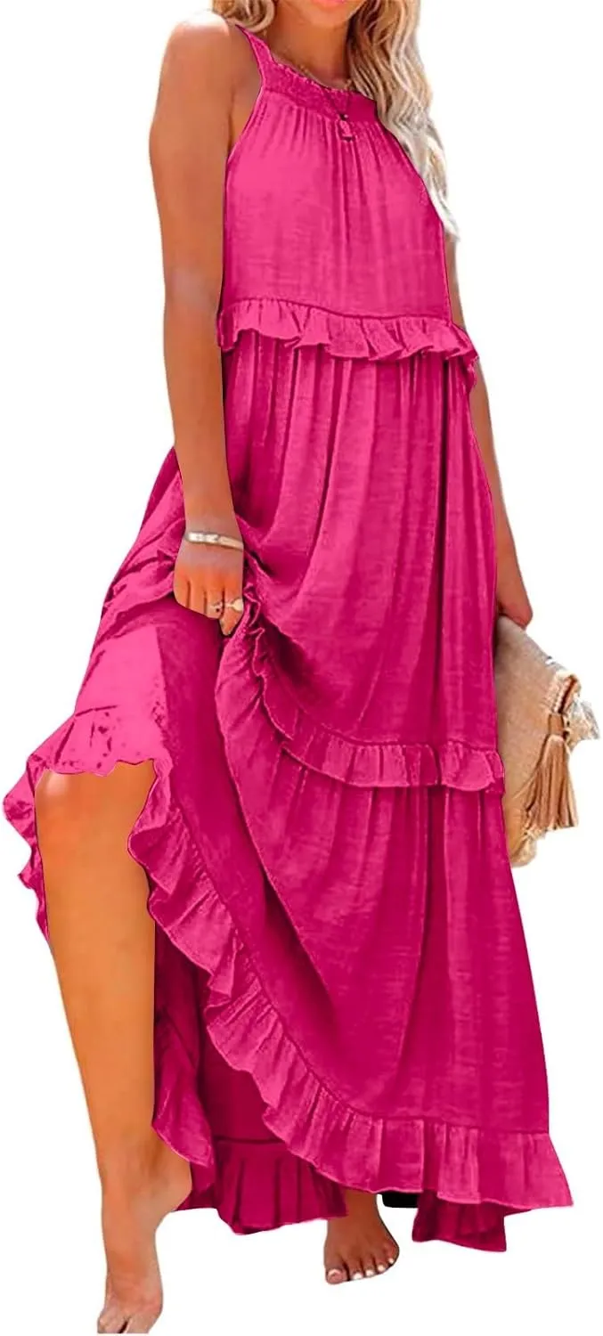 Halter Maxi Dresses for Women 2025 Trendy Smocked Tiered Ruffle Flowy Long Dress Bohemian Elegant Swing Tank Dresses