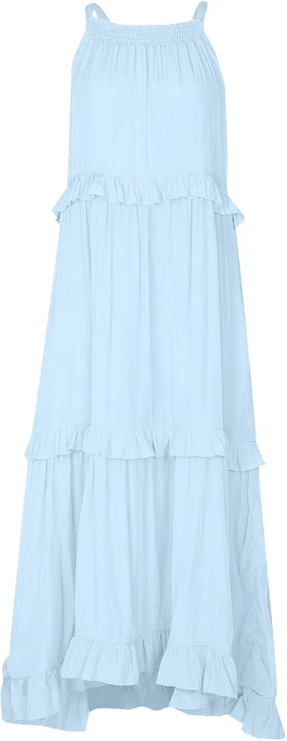 Halter Maxi Dresses for Women 2025 Trendy Smocked Tiered Ruffle Flowy Long Dress Bohemian Elegant Swing Tank Dresses