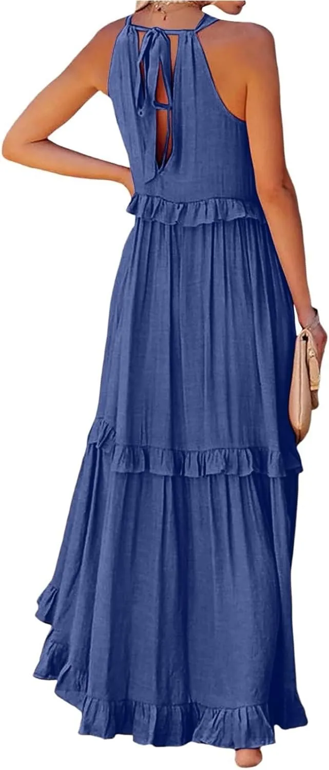 Halter Maxi Dresses for Women 2025 Trendy Smocked Tiered Ruffle Flowy Long Dress Bohemian Elegant Swing Tank Dresses