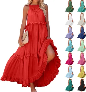Halter Maxi Dresses for Women 2025 Trendy Smocked Tiered Ruffle Flowy Long Dress Bohemian Elegant Swing Tank Dresses