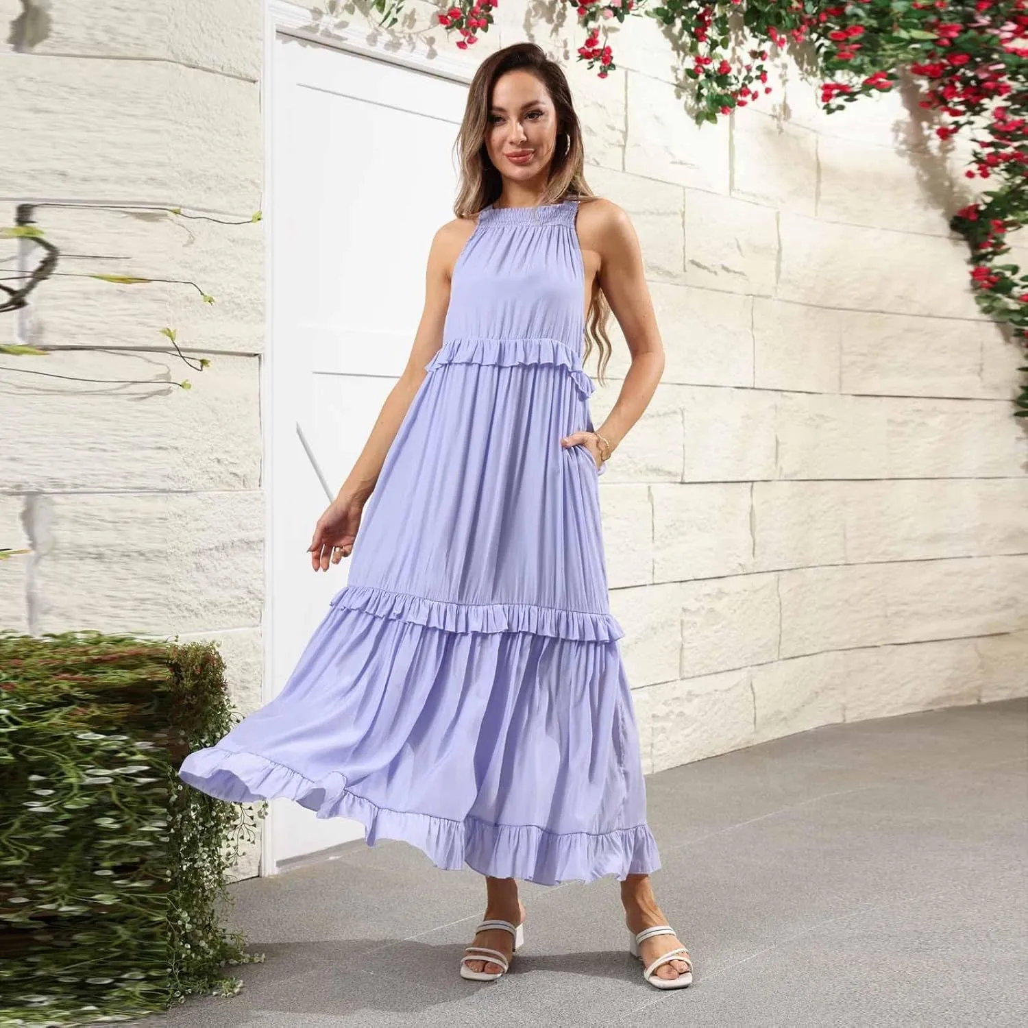 Halter Maxi Dresses for Women 2025 Trendy Smocked Tiered Ruffle Flowy Long Dress Bohemian Elegant Swing Tank Dresses