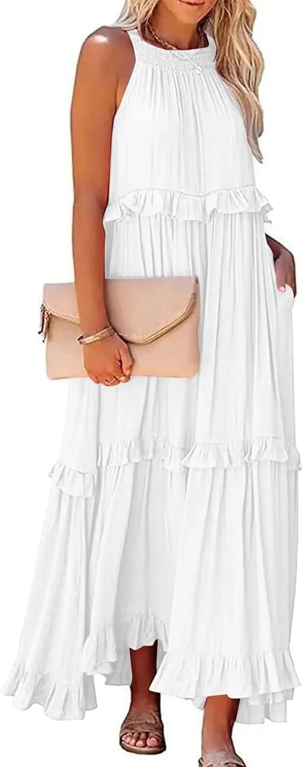 Halter Maxi Dresses for Women 2025 Trendy Smocked Tiered Ruffle Flowy Long Dress Bohemian Elegant Swing Tank Dresses