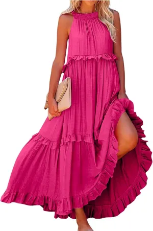 Halter Maxi Dresses for Women 2025 Trendy Smocked Tiered Ruffle Flowy Long Dress Bohemian Elegant Swing Tank Dresses