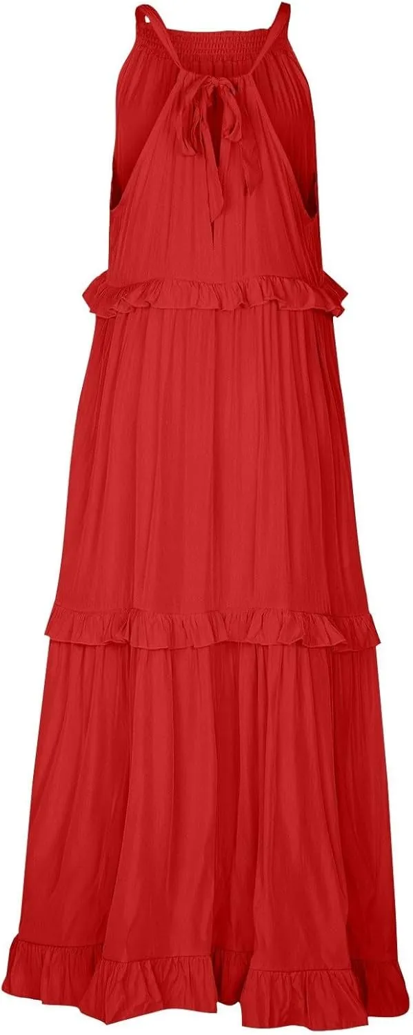 Halter Maxi Dresses for Women 2025 Trendy Smocked Tiered Ruffle Flowy Long Dress Bohemian Elegant Swing Tank Dresses