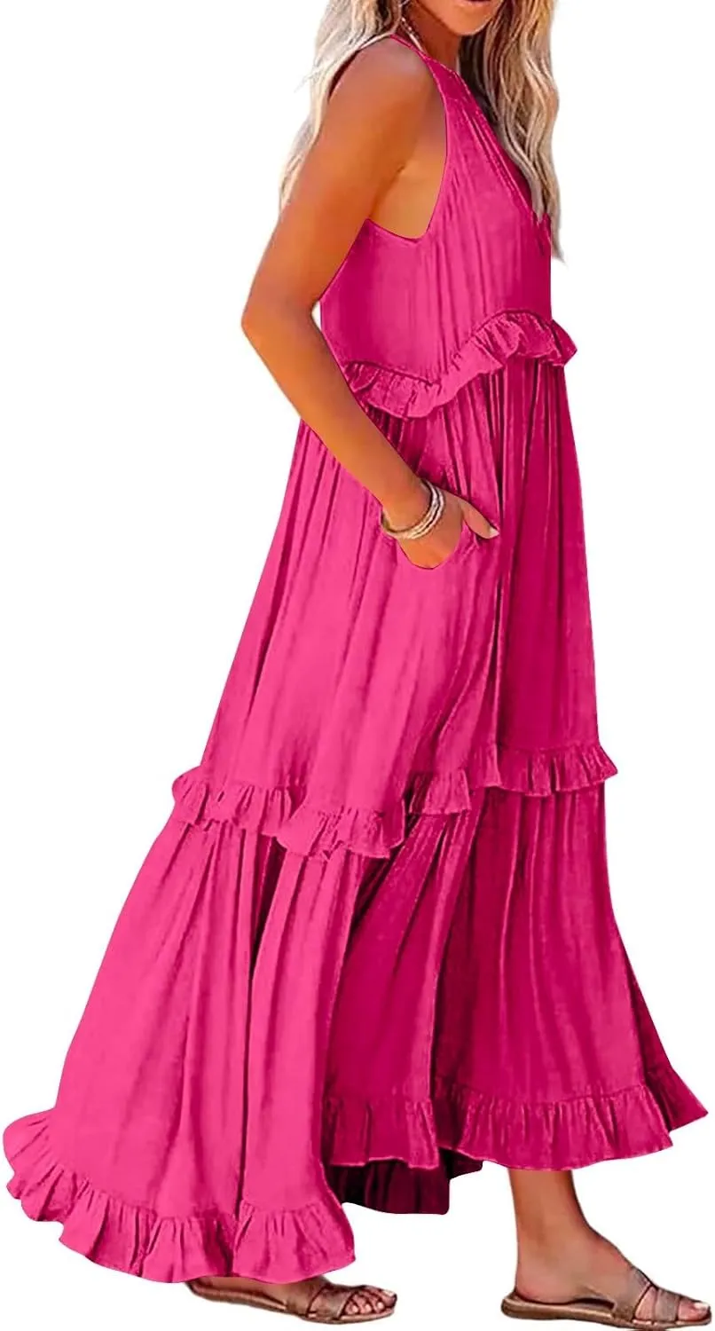Halter Maxi Dresses for Women 2025 Trendy Smocked Tiered Ruffle Flowy Long Dress Bohemian Elegant Swing Tank Dresses