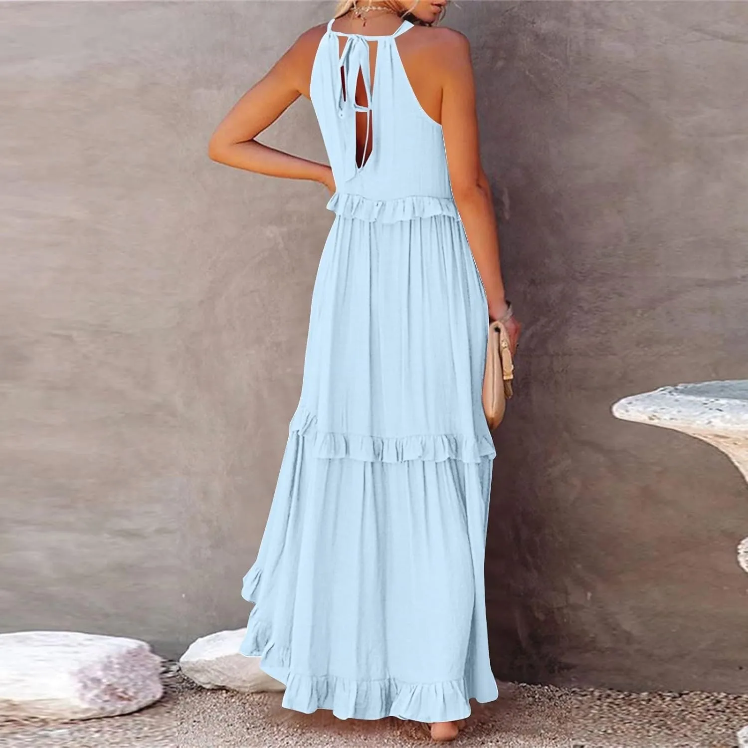 Halter Maxi Dresses for Women 2025 Trendy Smocked Tiered Ruffle Flowy Long Dress Bohemian Elegant Swing Tank Dresses