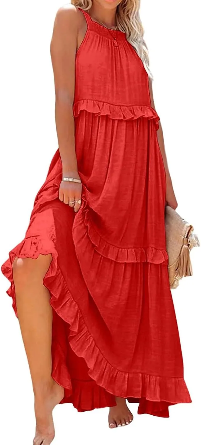 Halter Maxi Dresses for Women 2025 Trendy Smocked Tiered Ruffle Flowy Long Dress Bohemian Elegant Swing Tank Dresses