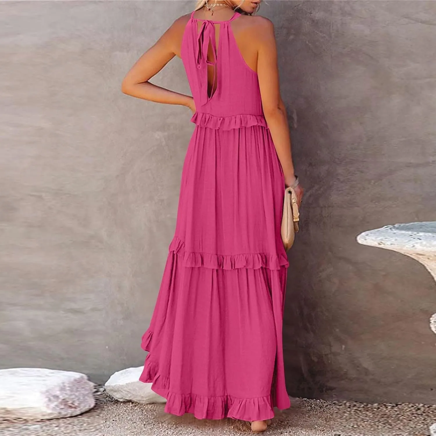 Halter Maxi Dresses for Women 2025 Trendy Smocked Tiered Ruffle Flowy Long Dress Bohemian Elegant Swing Tank Dresses