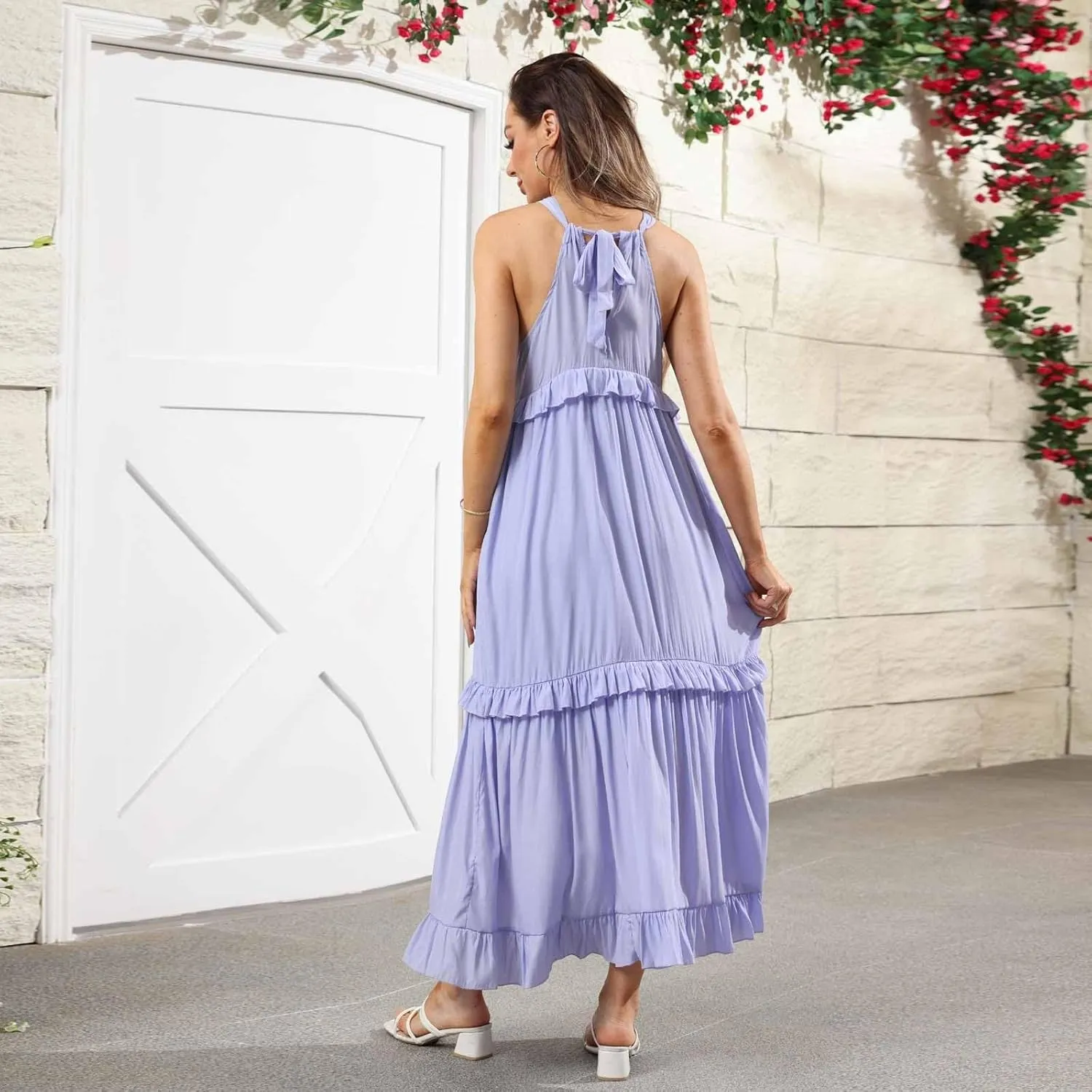 Halter Maxi Dresses for Women 2025 Trendy Smocked Tiered Ruffle Flowy Long Dress Bohemian Elegant Swing Tank Dresses