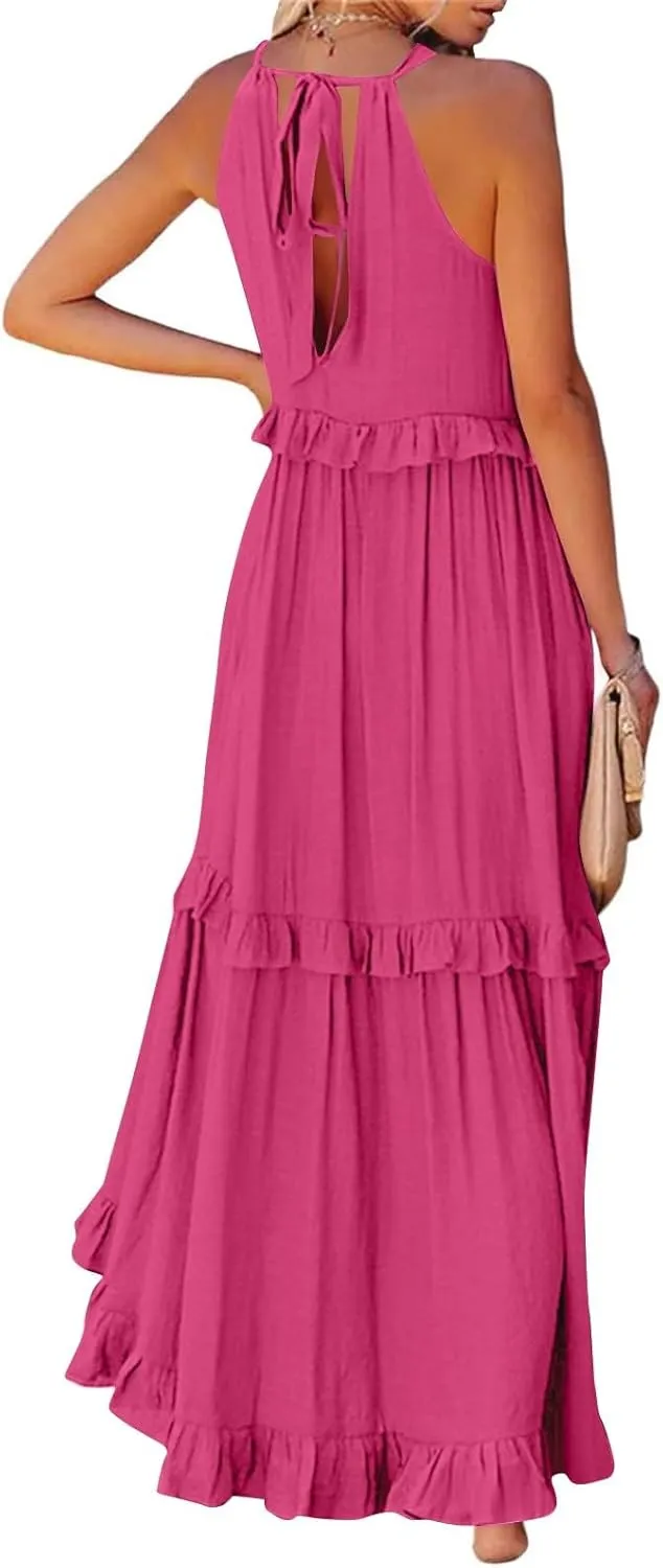 Halter Maxi Dresses for Women 2025 Trendy Smocked Tiered Ruffle Flowy Long Dress Bohemian Elegant Swing Tank Dresses